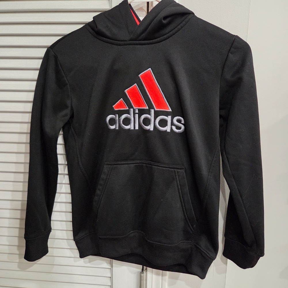 Adidas Boys Pullover Hoodie Black Orange White Graphic Logo Size Small S 8